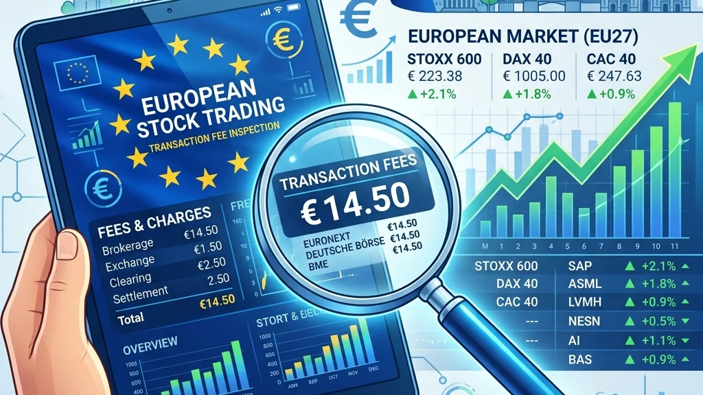 EU flags and financial documents representing the transaction tax in European stock markets.