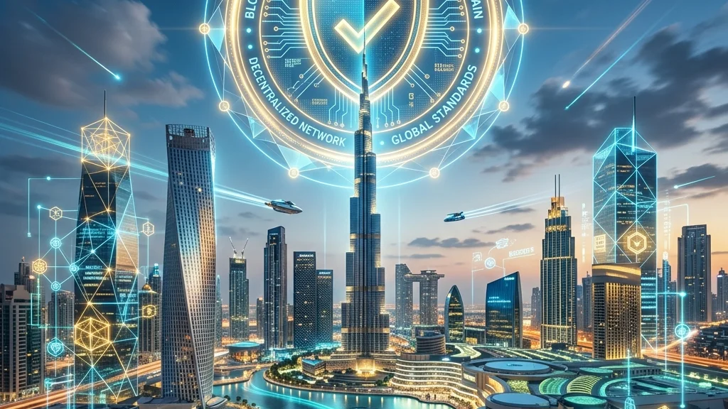 Dubai skyline merged with blockchain graphics representing VARA cryptocurrency regulations.